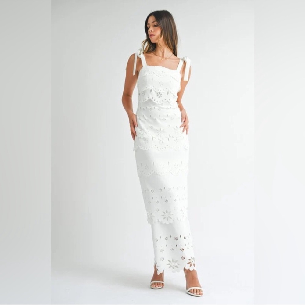 Petal & Pup Pippa White Laser Cut Column Maxi Dress